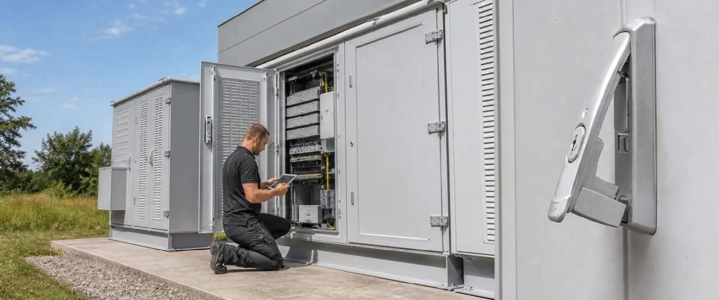 Weather-resistant hinges and locks for switch and control cabinets