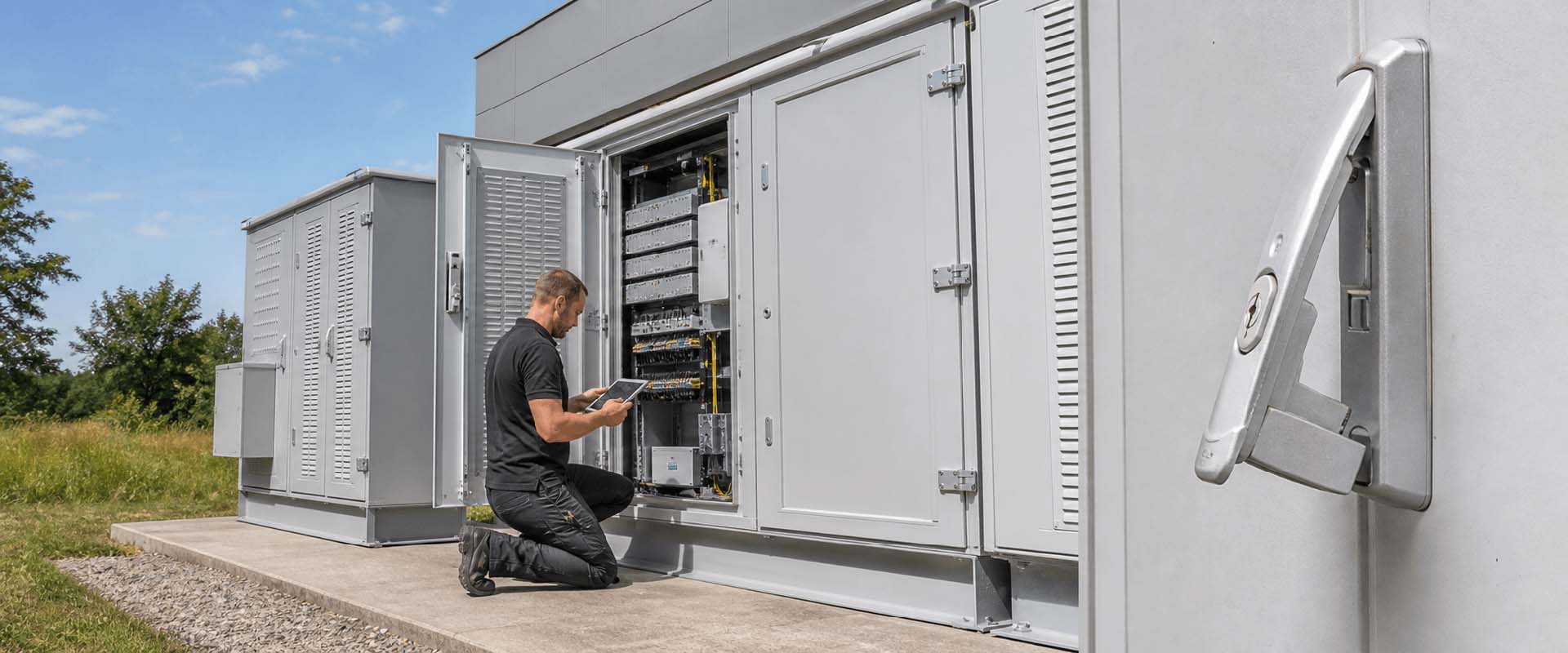 Weather-resistant hinges and locks for switch and control cabinets